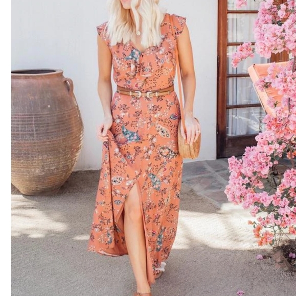WILLOW & CLAY | floral flower ruffle front slit maxi dress - Picture 11 of 11
